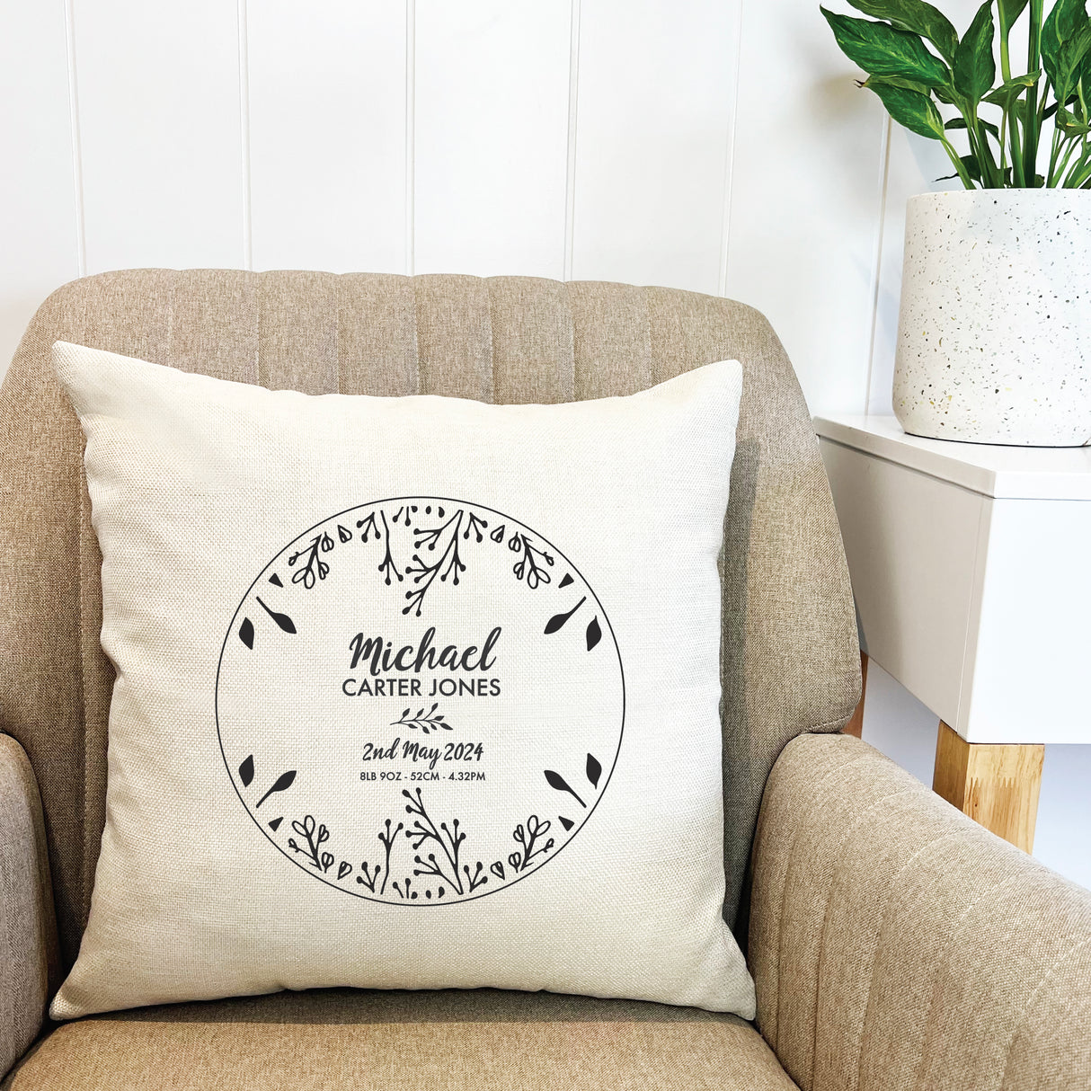 Personalised Botanical Circle Birth Details Cushion Cover