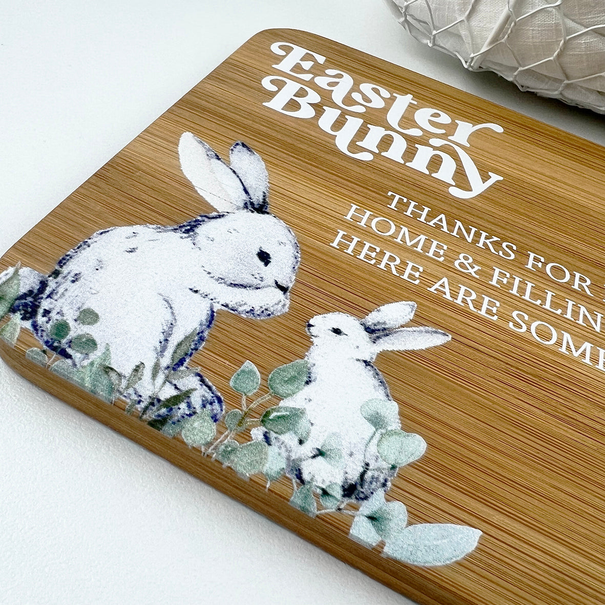 Personalised White Bunnies Printed Bamboo Serving Board