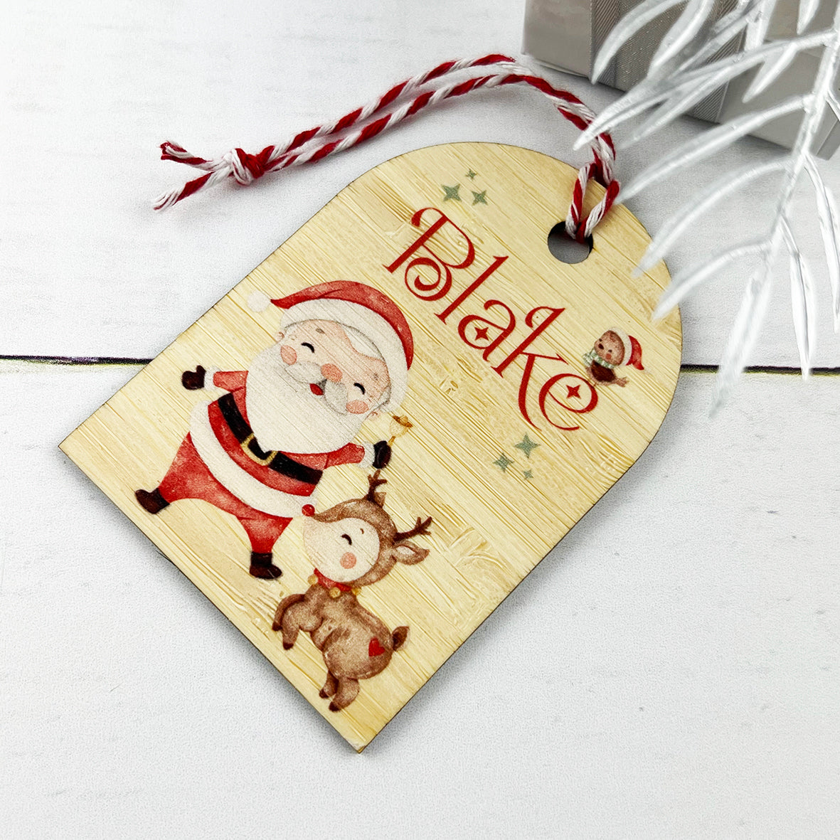 Bamboo Jingle Bells Santa Arched Ornament