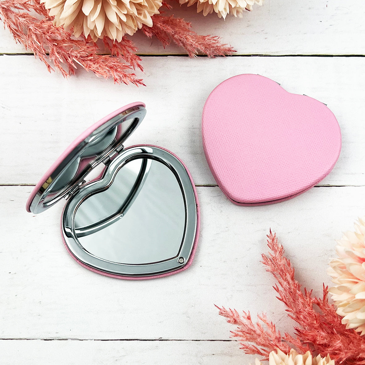 Pink Heart White Name Tulip Compact Mirror