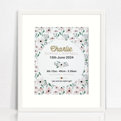 Mirror (Gold) Pink Petals Pattern Birth Print