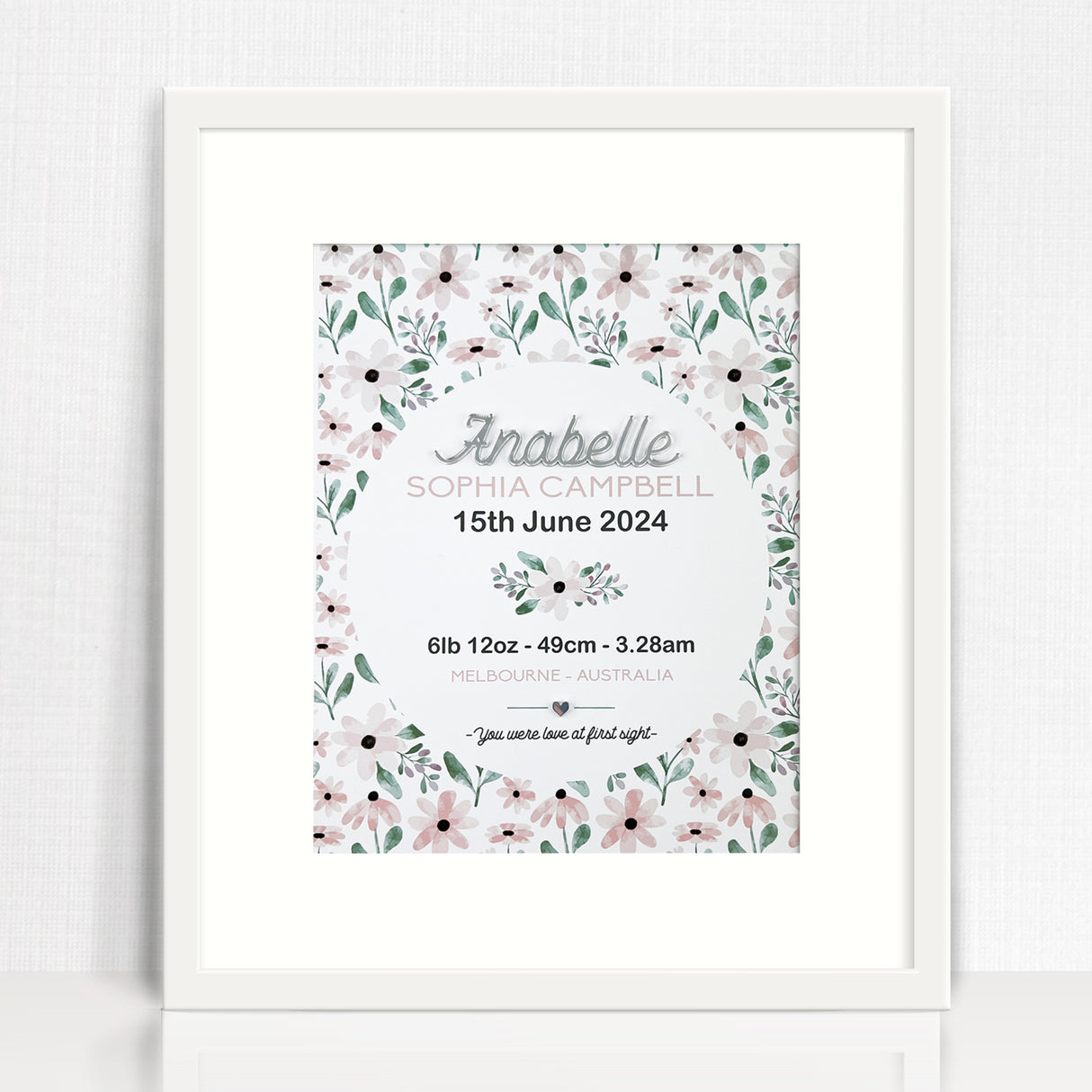 Mirror (Silver) Pink Petals Pattern 3D Personalised Birth Print