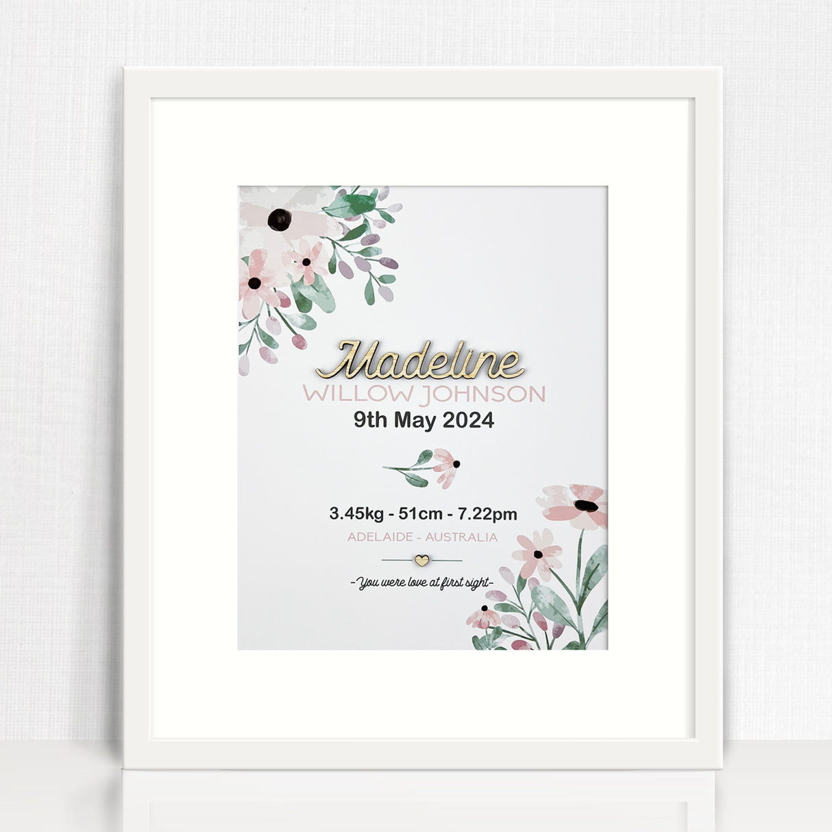 Bamboo (2 colour options) Pink Petal Stems 3D Personalised Birth Print