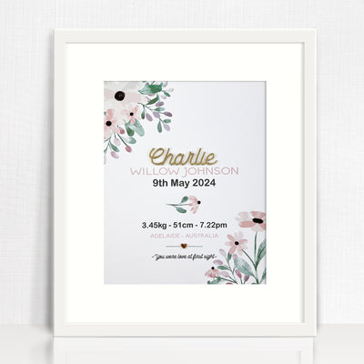 Mirror (Gold) Pink Petal Stems Birth Print