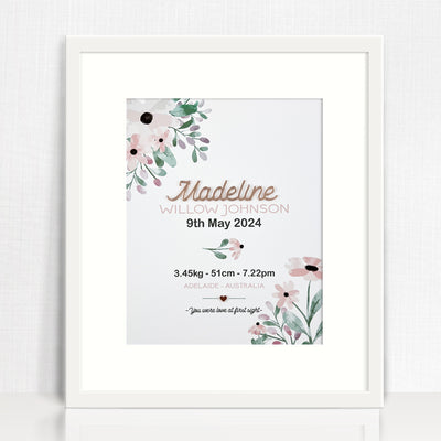 Mirror (Rose Gold) Pink Petal Stems Birth Print