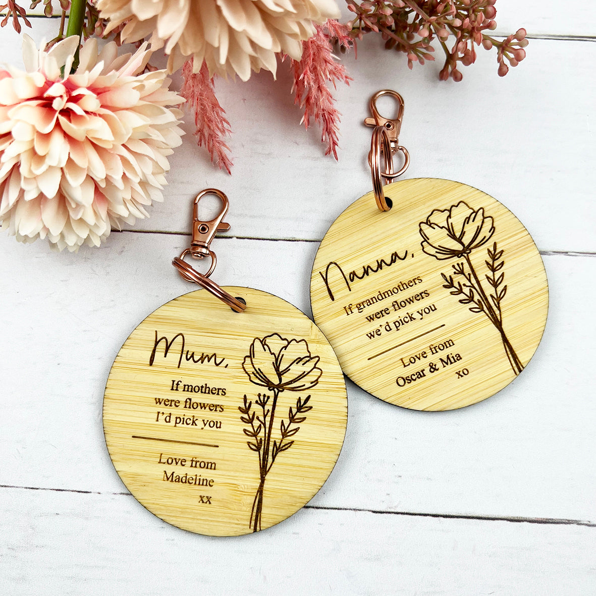 Personalised Floral Stem Bamboo Keyring