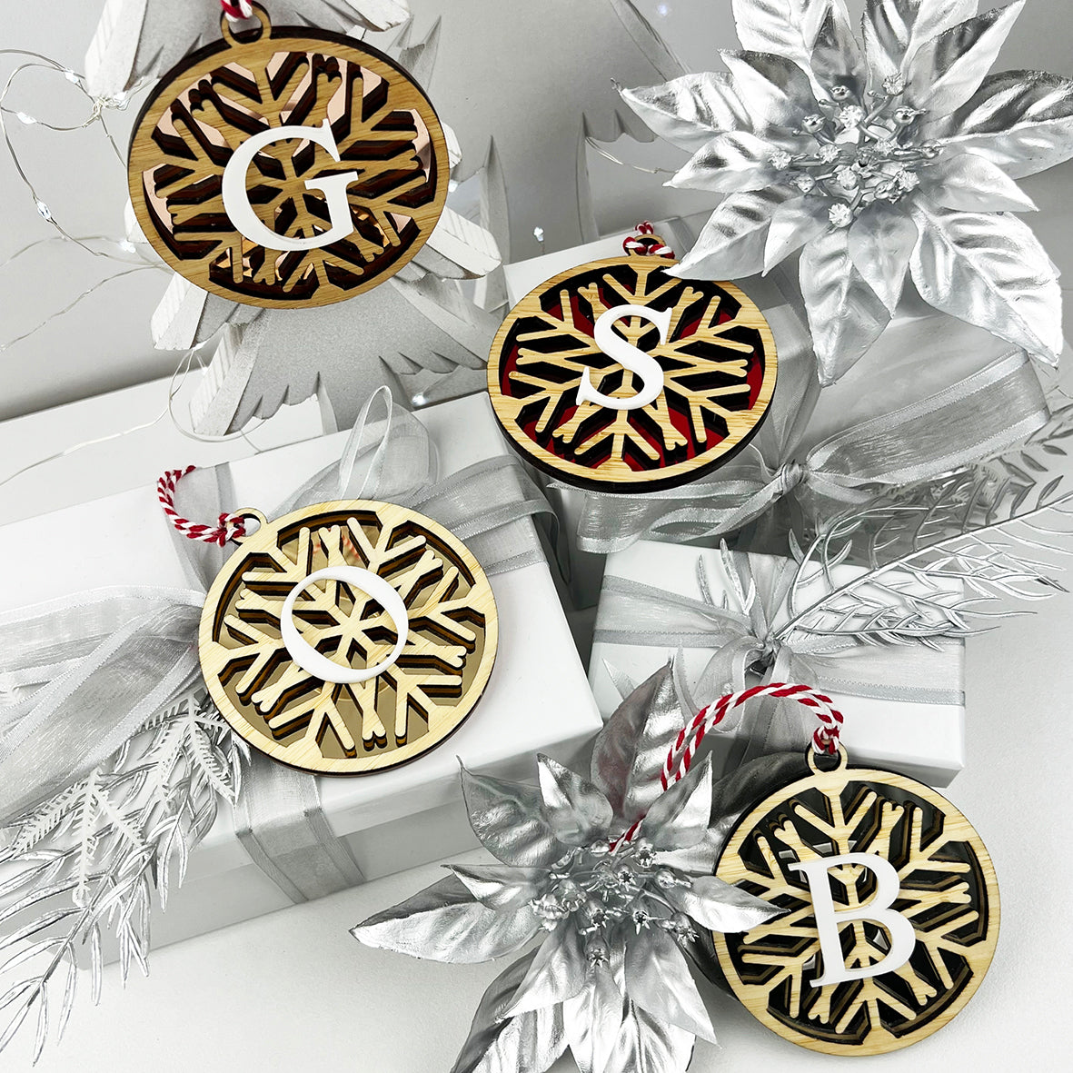 Snowflake Mirror Initial Ornament (4 colour options)