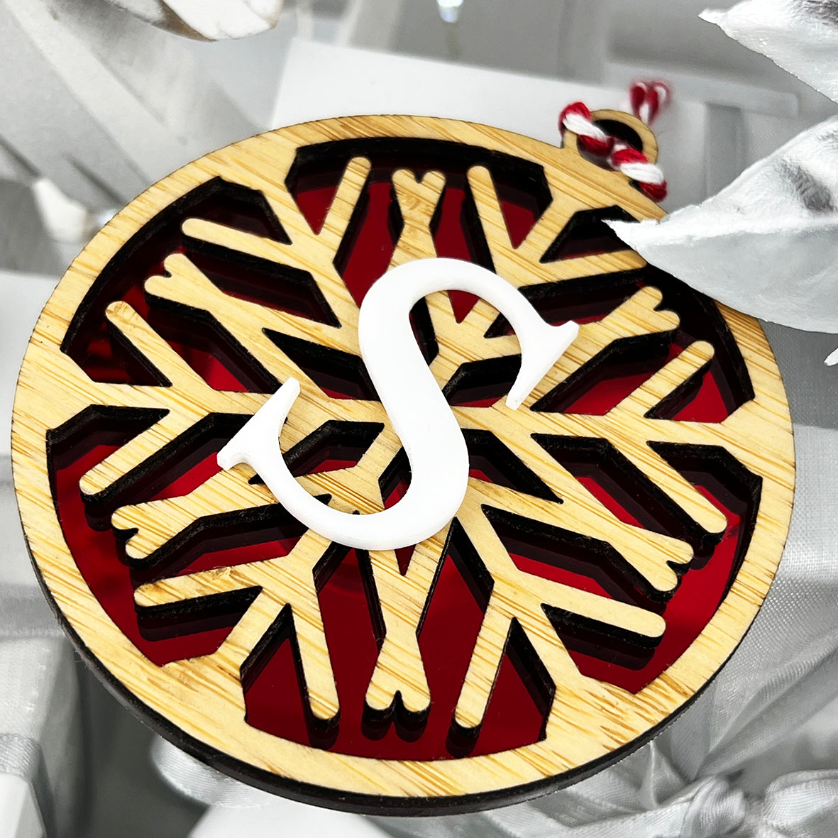 Snowflake Mirror Initial Ornament (4 colour options)