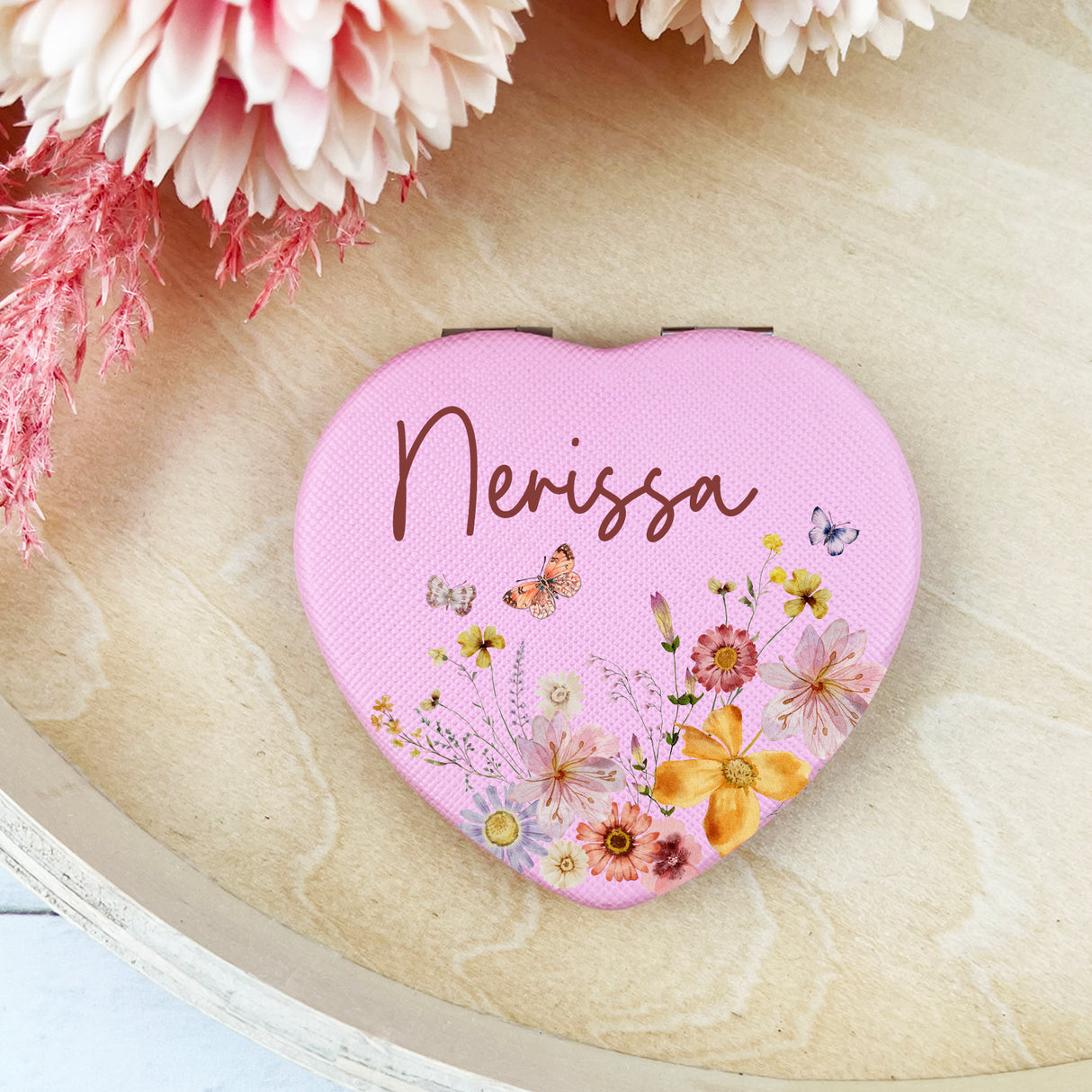 Pink Heart Sweet Wildflowers Garden Compact Mirror