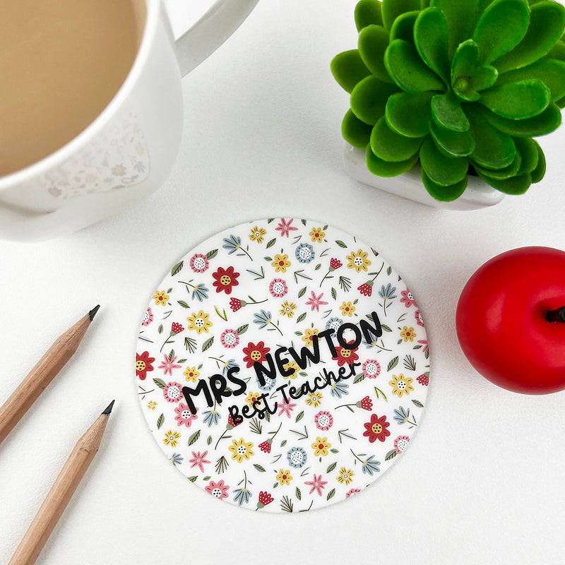 Personalised Single Sided Floral Teacher Coaster