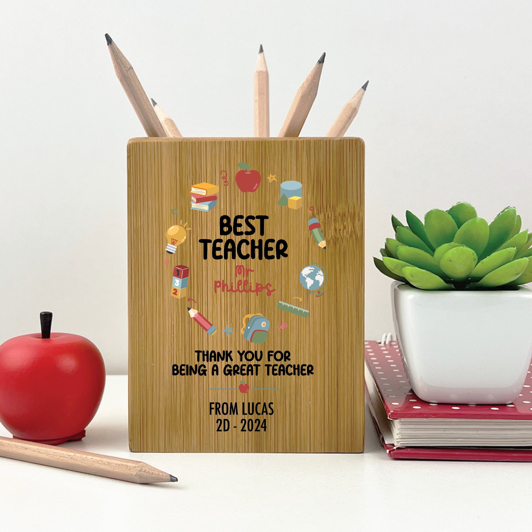 Teacher School Icons Thank You Personalised Pencil Pot