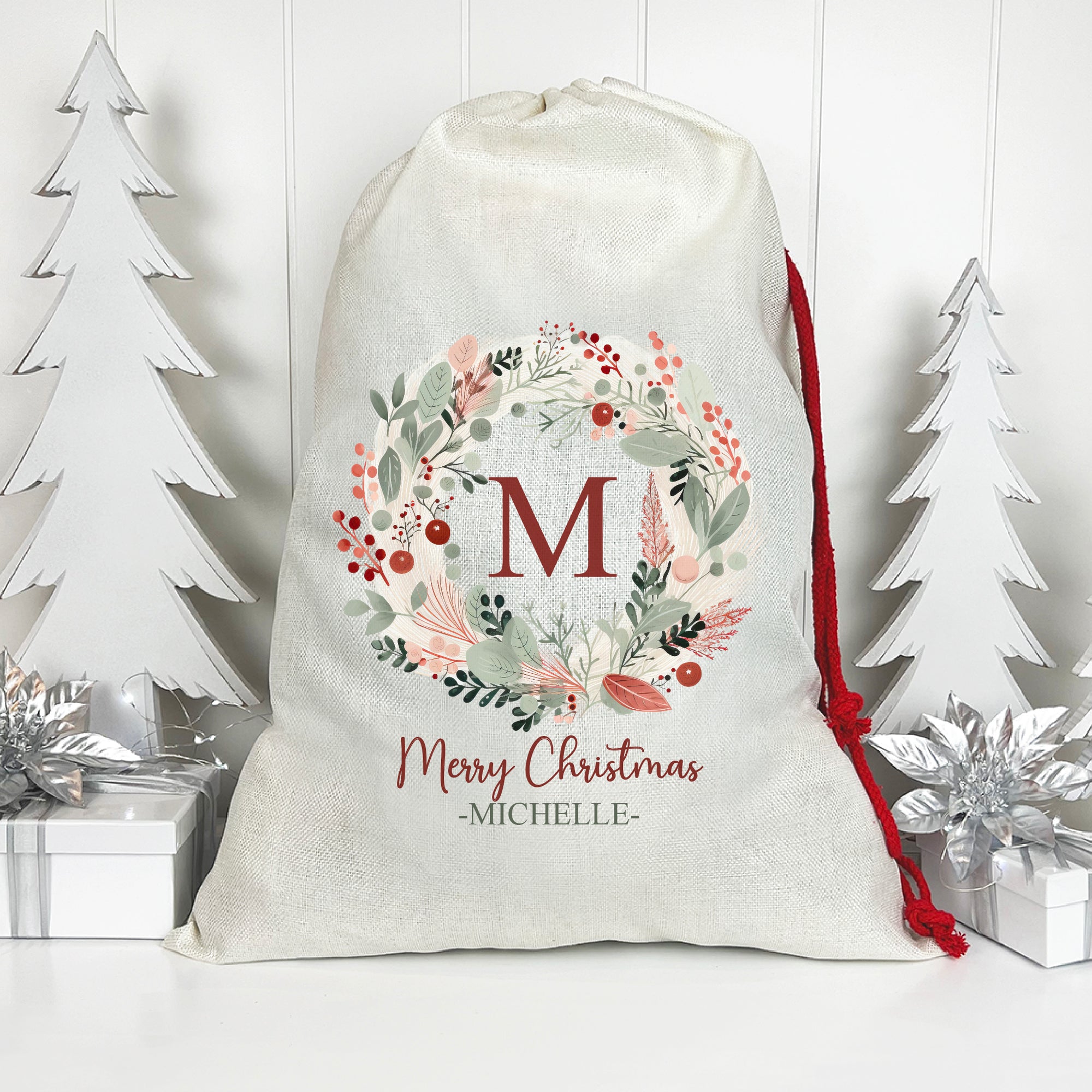 Watercolour Initial Wreath Santa Sack (Updated Design)