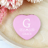 Pink Heart White Initial Flourish Compact Mirror