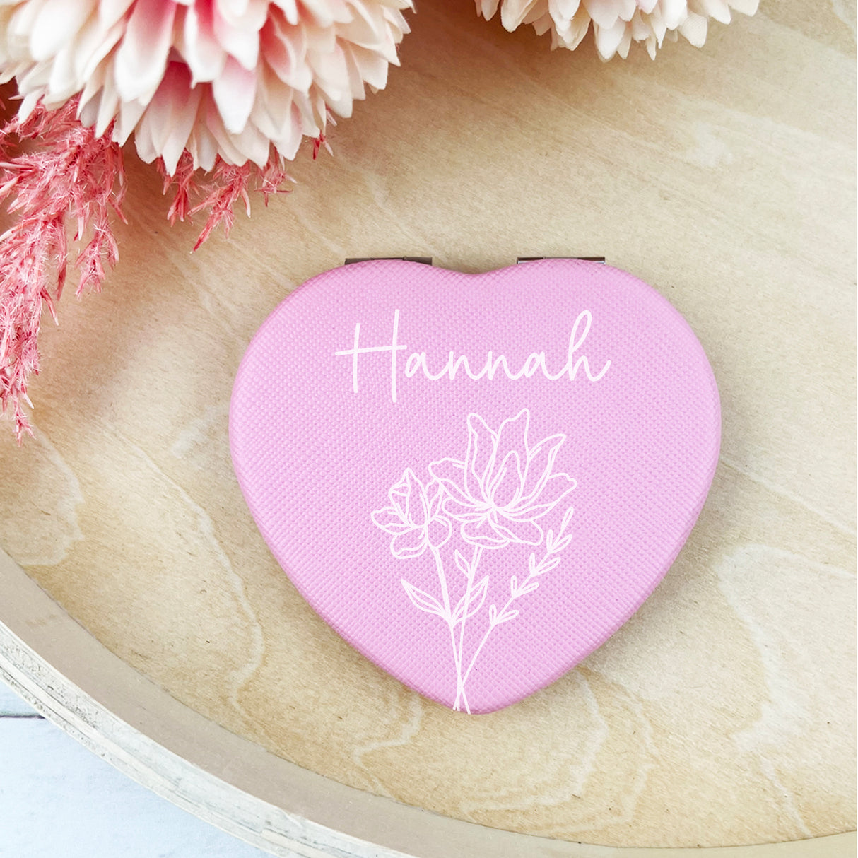 Pink Heart White Name Flourish Compact Mirror