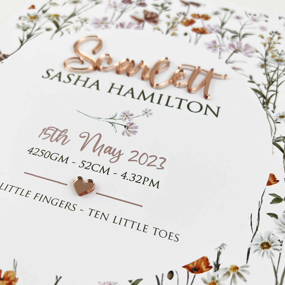 Mirror (Rose Gold) Wildflowers Pattern 3D Personalised Birth Print