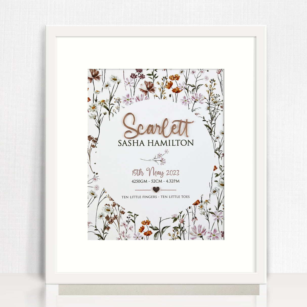 Mirror (Rose Gold) Wildflowers Pattern 3D Personalised Birth Print