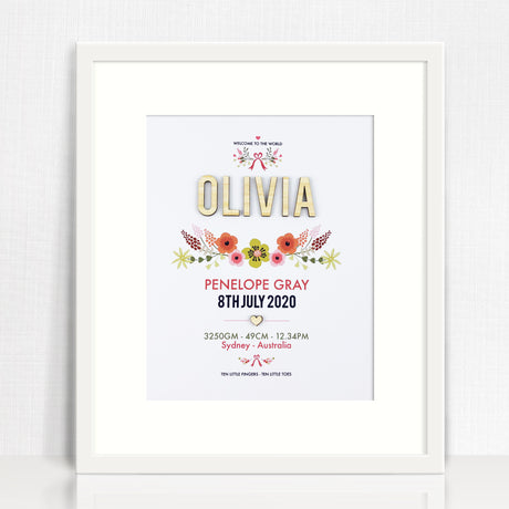 Bamboo (2 colour options) Vintage Floral 3D Personalised Birth Print