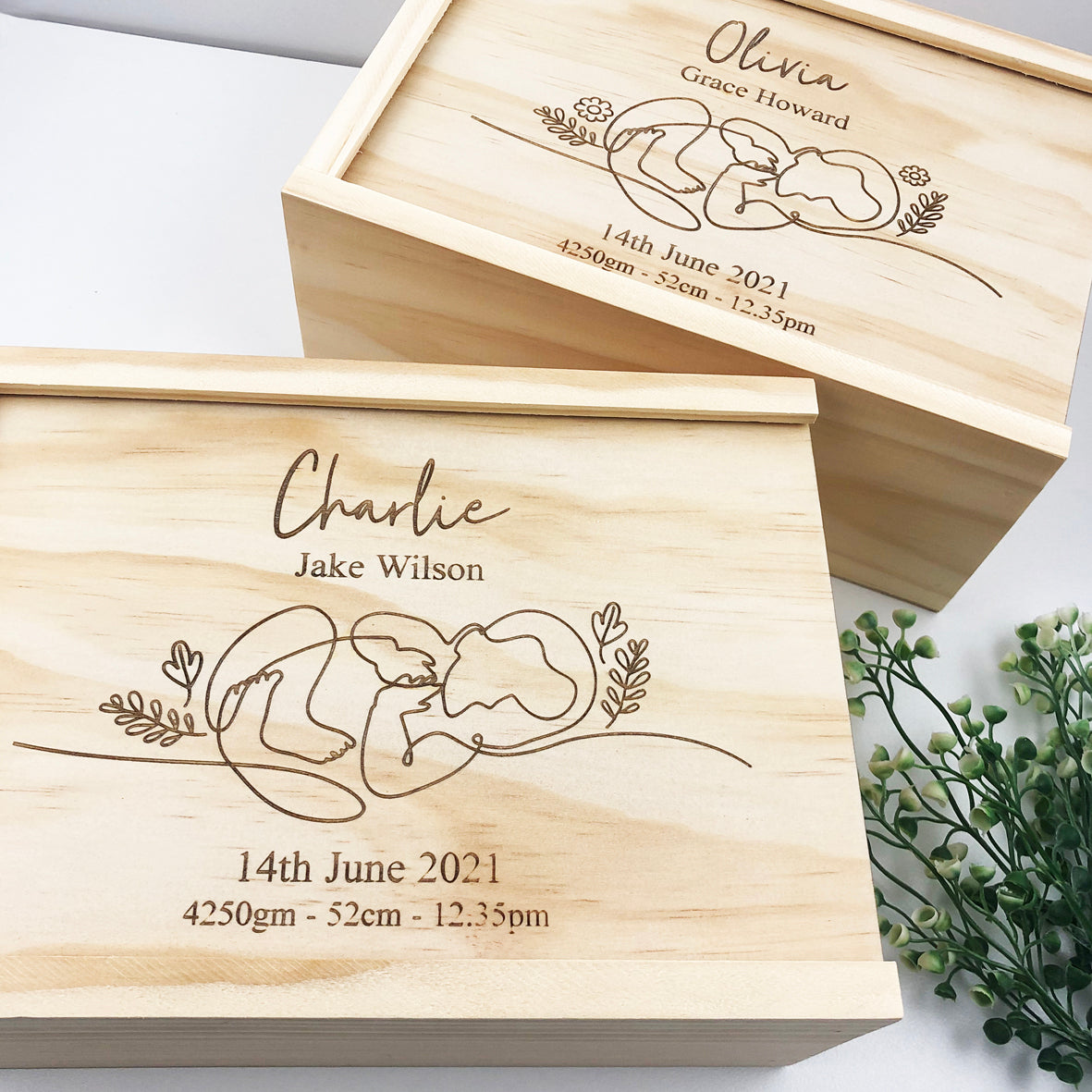 Continuous Line Baby Birth Details Keepsake Box