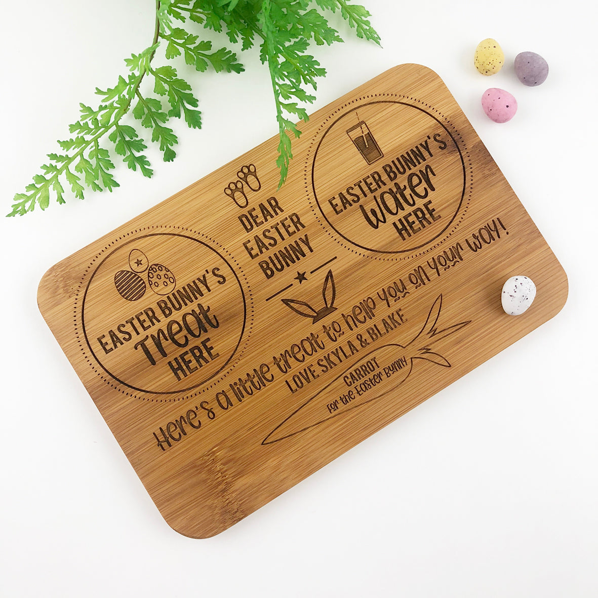 Double Sided Personalised Christmas & Easter Bunny Treats Bamboo Serving Board