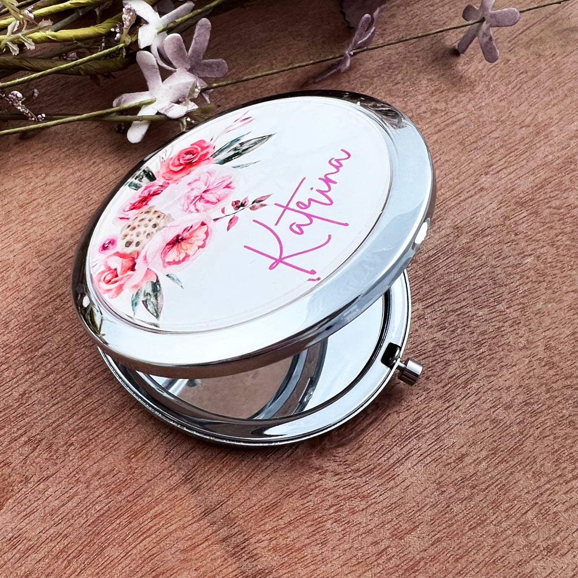 Personalised Floral Bouquet Compact Mirror (Rose Gold & Silver)