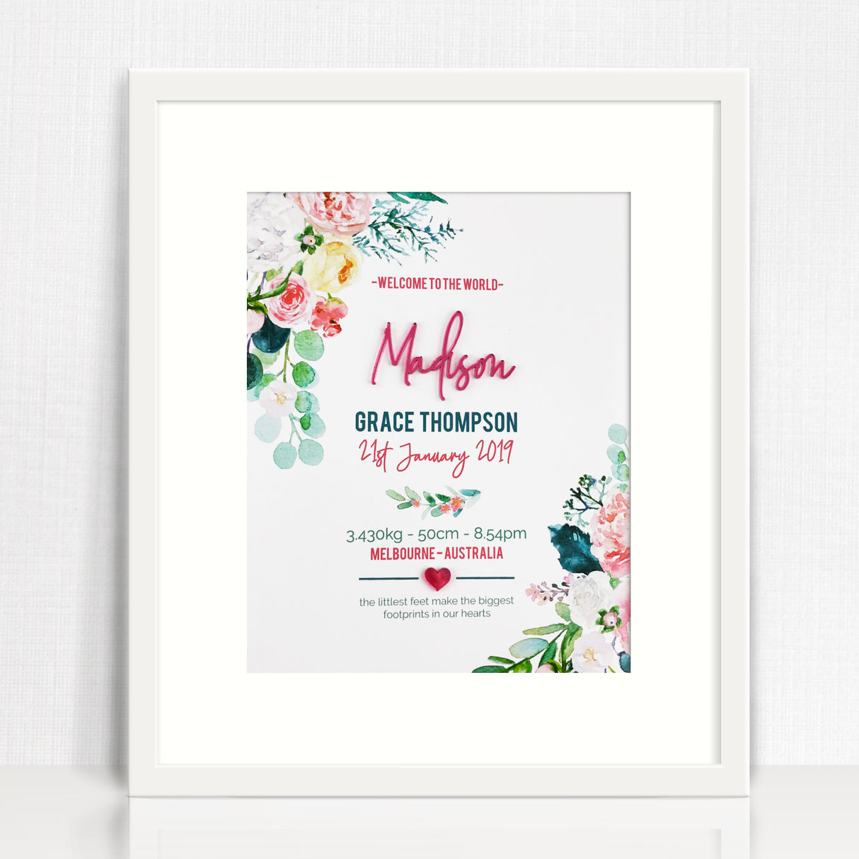 Mirror (Pink) Watercolour Blooms Birth Print