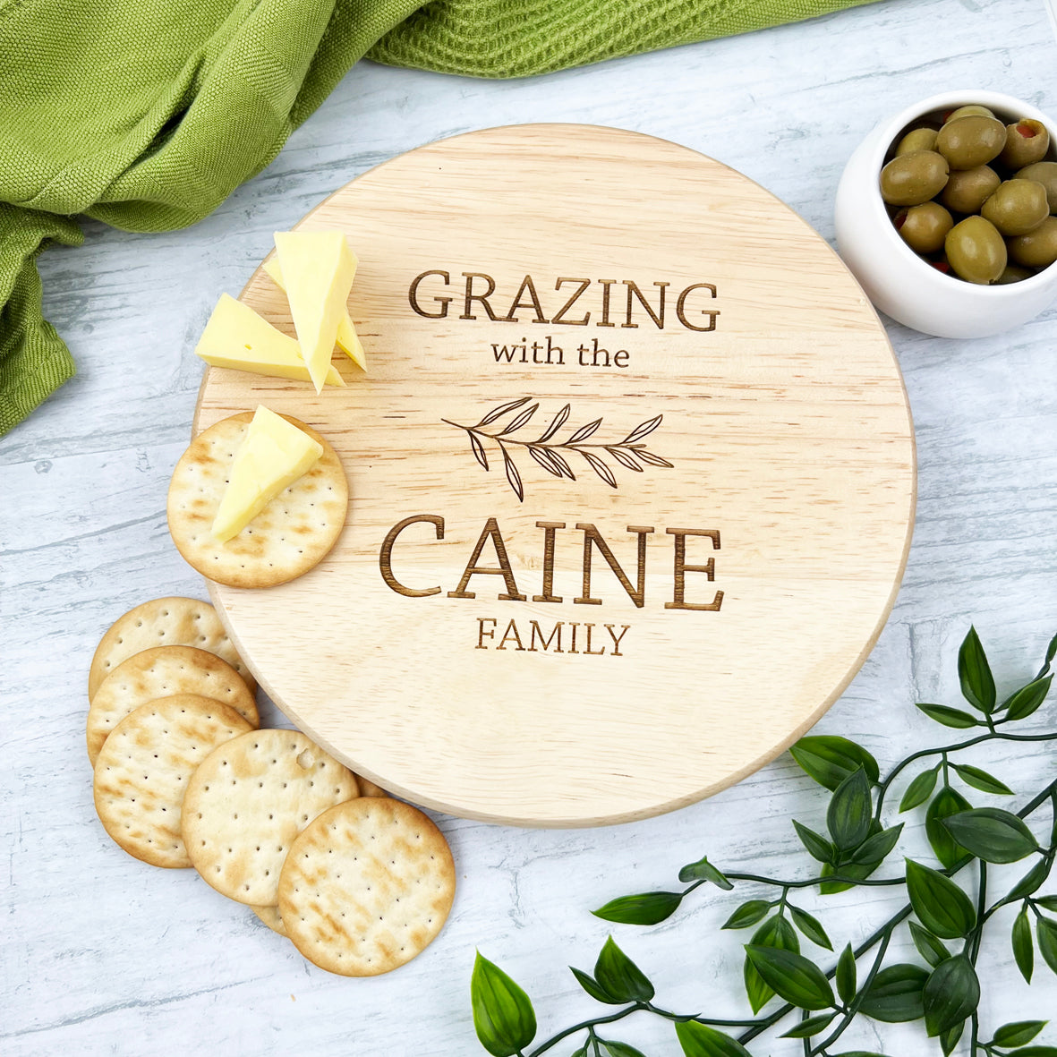 Olive Leaf Happy Couple Personalised Cheeseboard Set