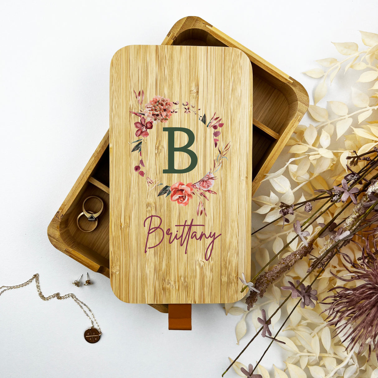 Initial Wreath Bamboo Jewellery Box - (Limited Quantity)