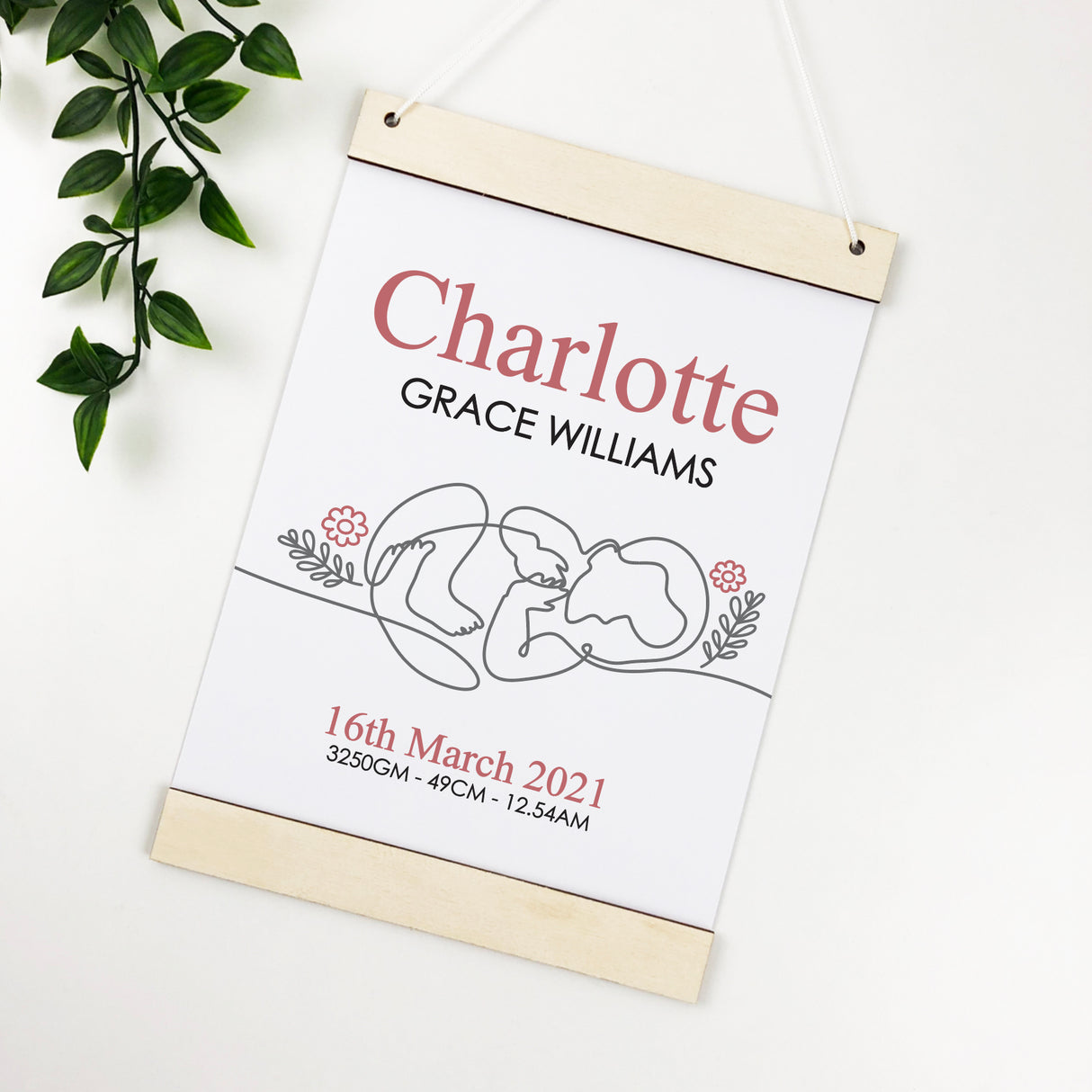 New Baby Girl Wooden Hanger Birth Print