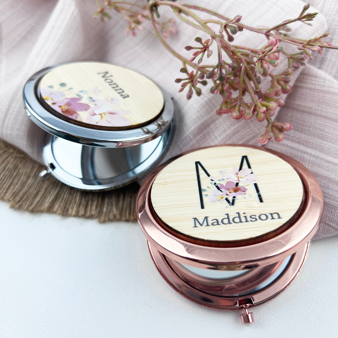 Personalised Bamboo Floral Compact Mirror (Rose Gold & Silver)