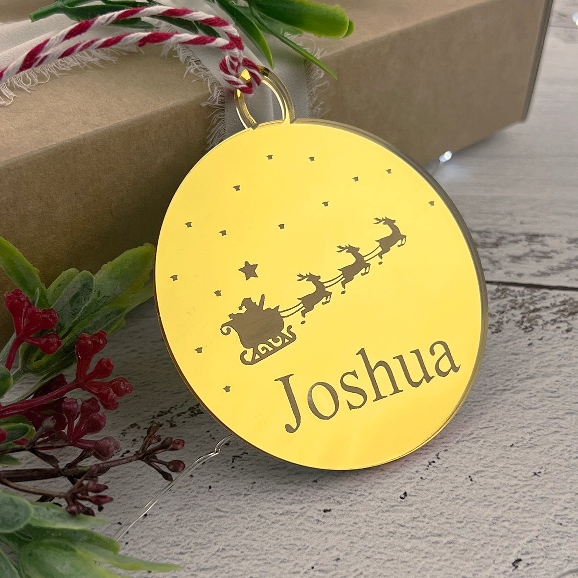 Santa's Sleigh Name Ornament (3 colour options)